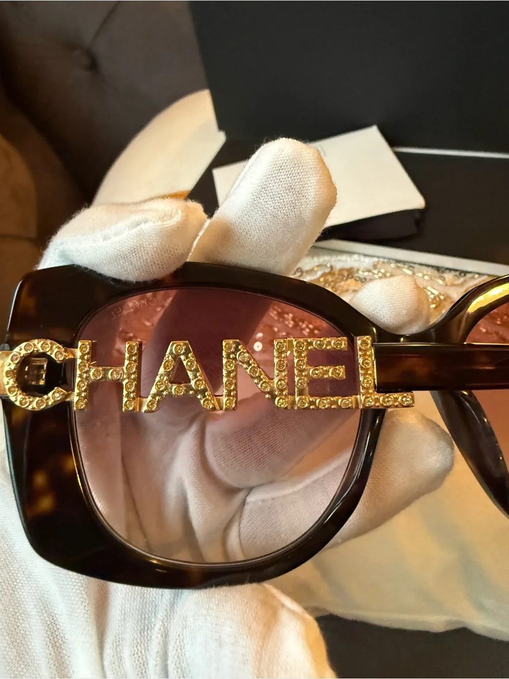 NEW CHANEL Tortoiseshell Square Sunglasses with Gold Logo Temples Brown Gradient